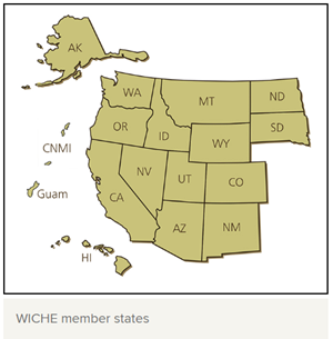 WICHE member states map including Alaska, Hawaii, Washington, Oregon, California, Idaho, Nevada, Montana, Wyoming, Utah, Arizona, Colorado, New Mexico, North Dakota, South Dakota, Guam, CNMI