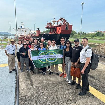 MBA students and Collge of Business faculty pose for a photo during an international business trip.