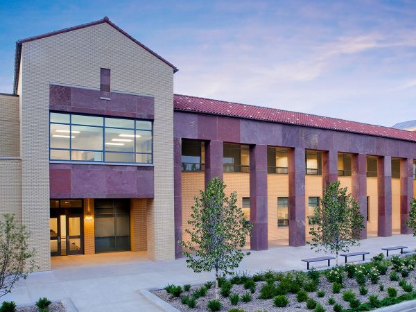 Rockwell Hall glows in the sunset.