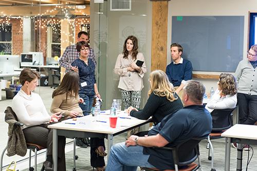 Business students take part in a group discussion