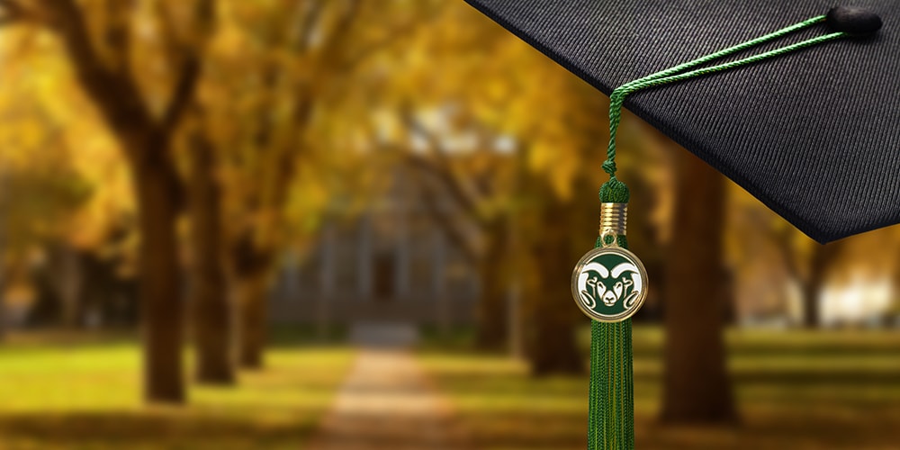 A graduation cap with the CSU Rams logo