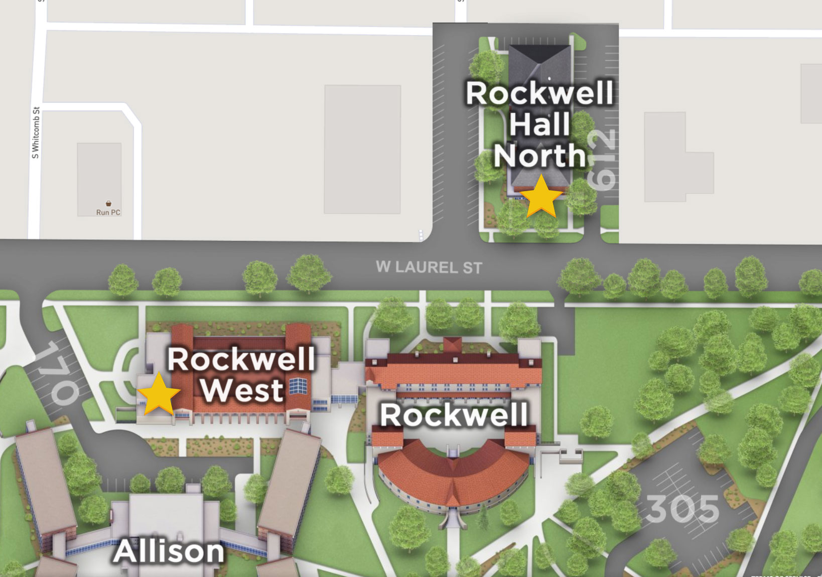 Stars indicating Rockwell West and North Rockwell on a map. Rockwell west is located at 501 West Laurel Street, Fort Collins, CO. Rockwell North is located across the street at 638 South Sherwood Street, Fort Collins, CO.