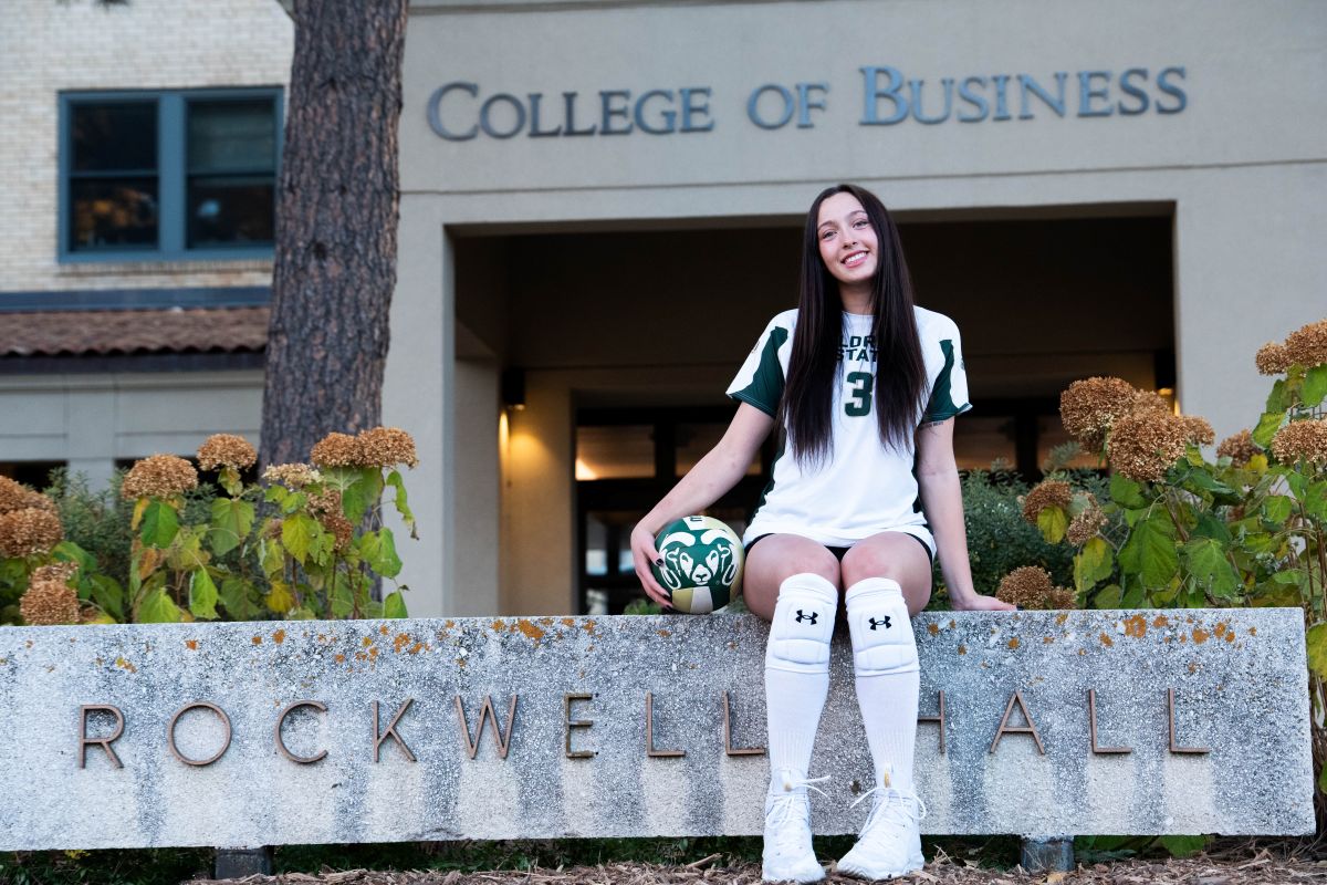 Rams outside hitter Brooke Holman poses for a photo outside Rockwell Hall.