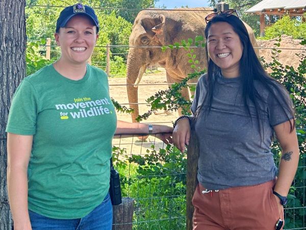 Impact MBA sustainability fellow Miki Salamon poses for a picture with a Denver Zoo colleague and an elephant.
