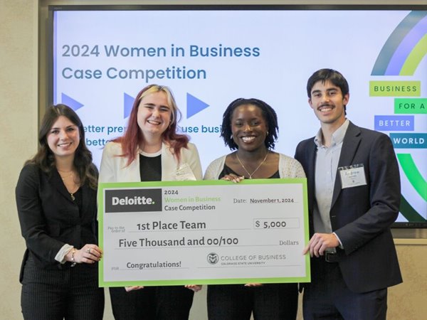 A group of College of Business students pose with a giant check after winning the 2024 Women In Business Case Competition.