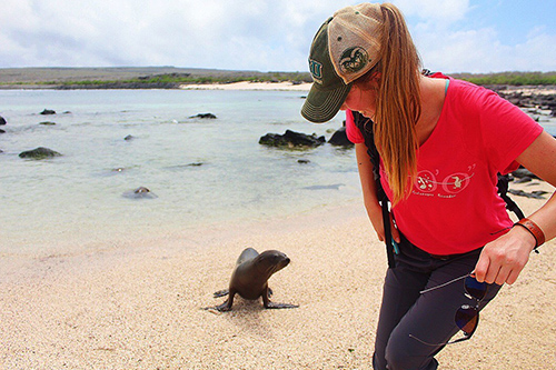 A CSU student meets a seal on the beach