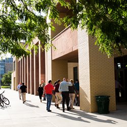 Business graduate students enter Rockwell Hall